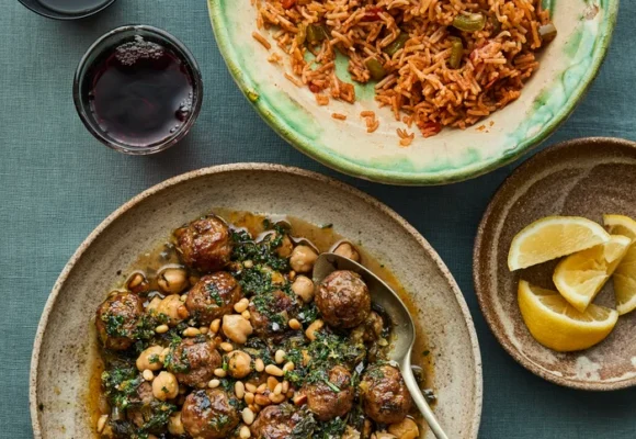 Sami Tamimi’s recipes for lamb meatballs with spinach and chickpea stew, and red rice